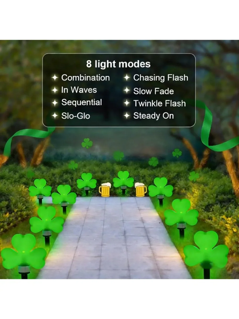 St. Patrick's Day Solar Garden Lights - 8 Pack Waterproof Shamrock Stake Decor